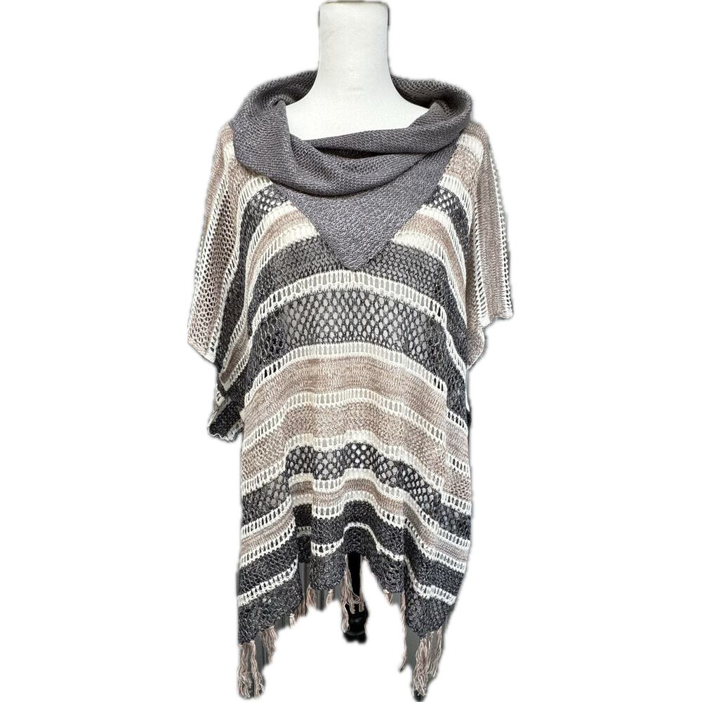 Democracy Cowl Neck Lagonlook Loose Poncho Women S Gray Ivory Black Tan Striped